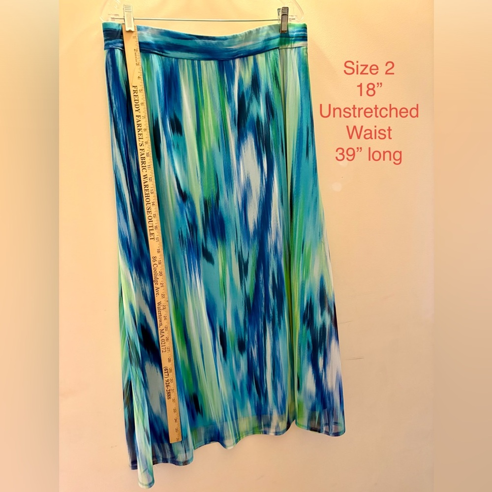 Chico’s Blue Green White Waterfall Maxi Skirt sz 2 Large
